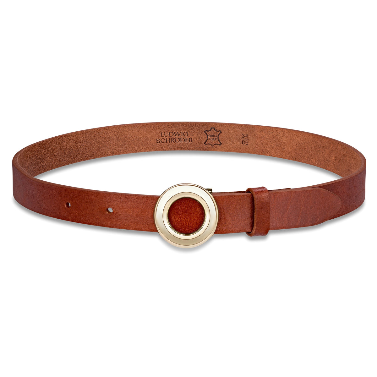„Ella“ - Damengürtel in Cognac mit runder Schmuckschnalle in Gold, 2,8 cm