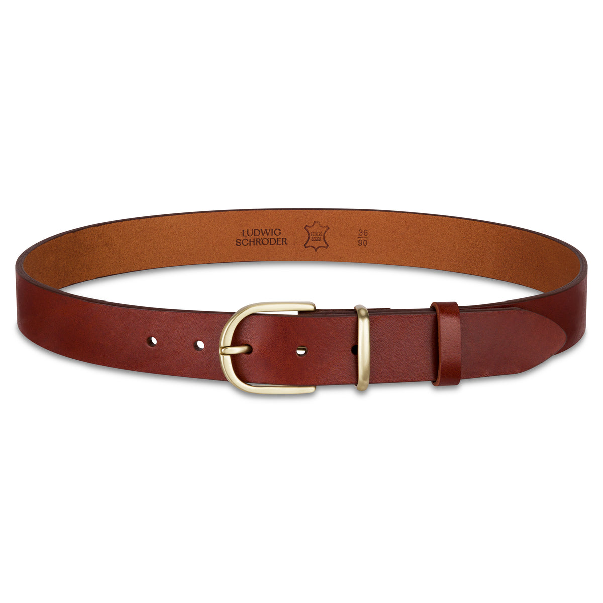 Weicher Jeansgürtel für Damen, Ledergürtel „Antonia" in Cognac, 3,5cm breit, Gold-Schnalle satiniert