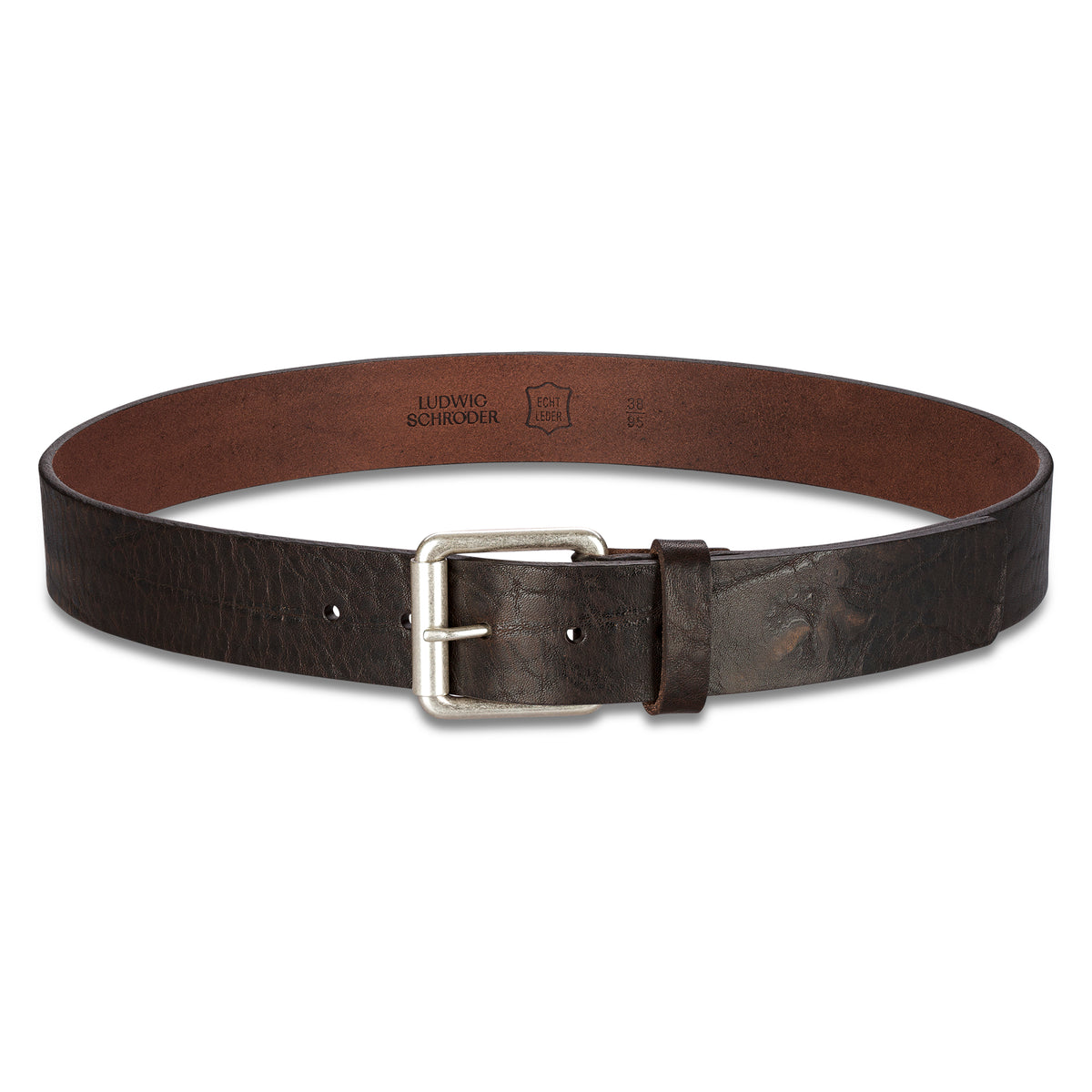 Brauner 4cm Ledergürtel für Männer mit silberner Rollschnalle im Used Look aus dickem, pflanzlich gegerbtem Leder