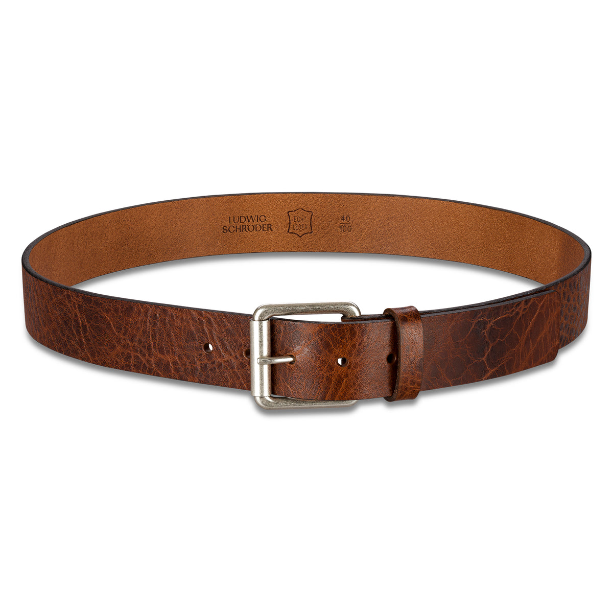 4cm Ledergürtel in Cognac mit silberner Rollschnalle im Used Look aus dickem, pflanzlich gegerbtem Leder
