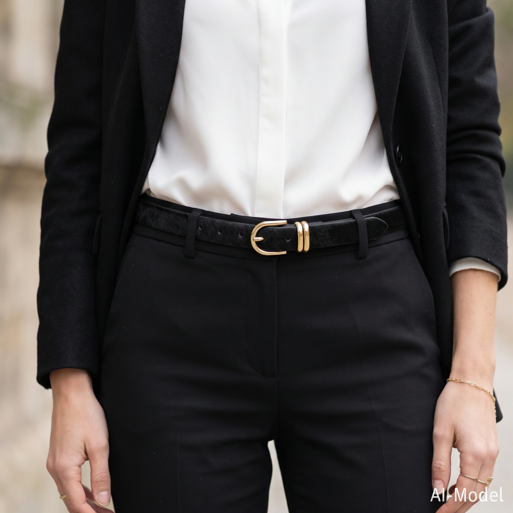 Damen Fellgürtel „Emi“ in Schwarz – 2,5 cm, echt Kuhfell & goldene Schnalle