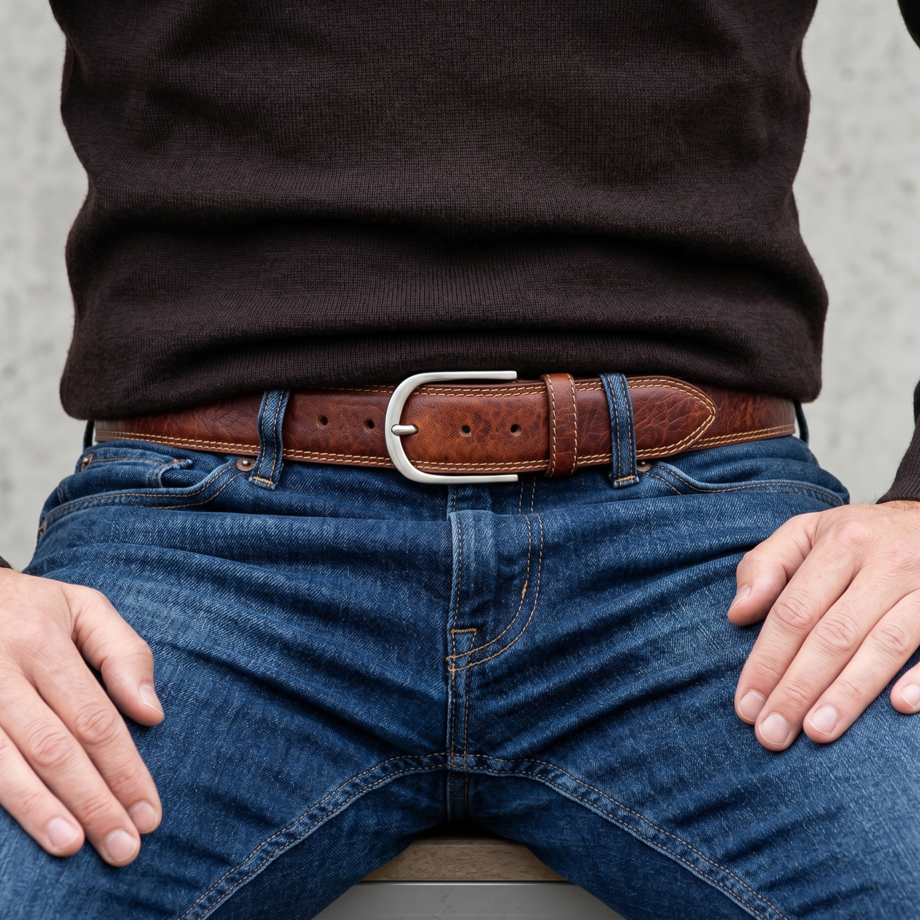 Authentischer Herren Ledergürtel „Gregory“ in Cognac – 4 cm, extra stark bombiert mit Edelstahlschnalle