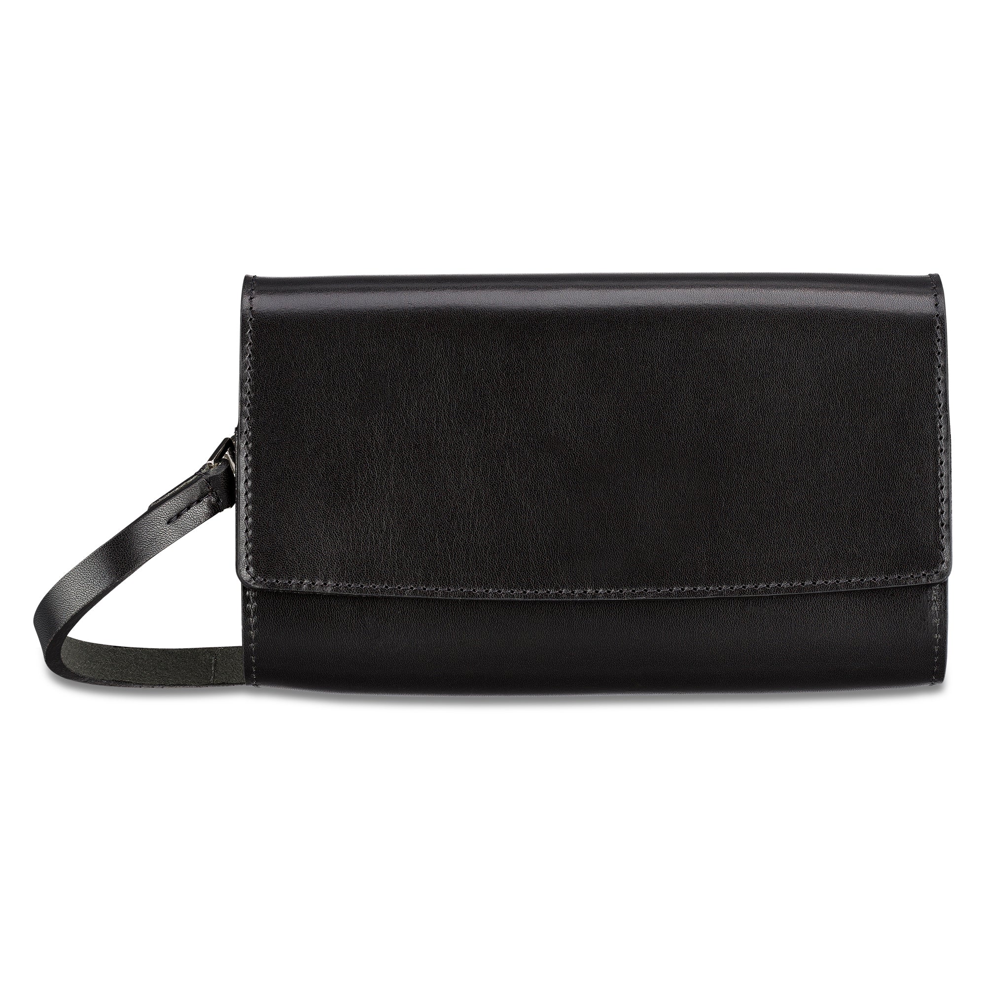 Edle kleine Lederhandtasche aus pflanzlich gegerbtem Leder in Schwarz. Verschlussklappe mit eingearbeitetem Magneten. Schmaler Riemen zum Umhängen, befestigt mit kleinen silbernen Karabinern.