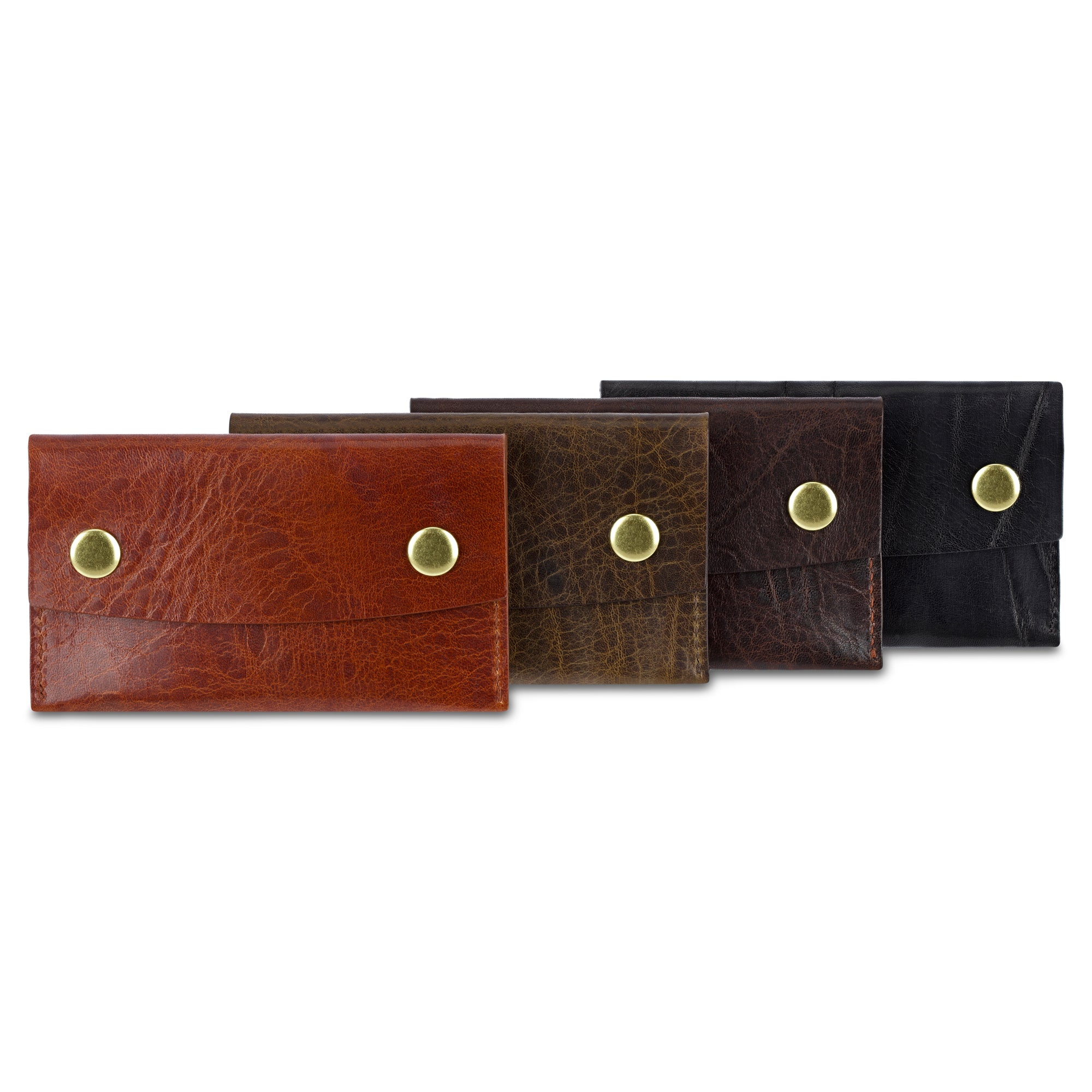 Kleines Kartenetui aus Leder in Oliv, Braun, schwarz oder Cognac für Scheine, Karten und ein paar Münzen. Sicherer Verschluss mit zwei Messing Druckknöpfen.
