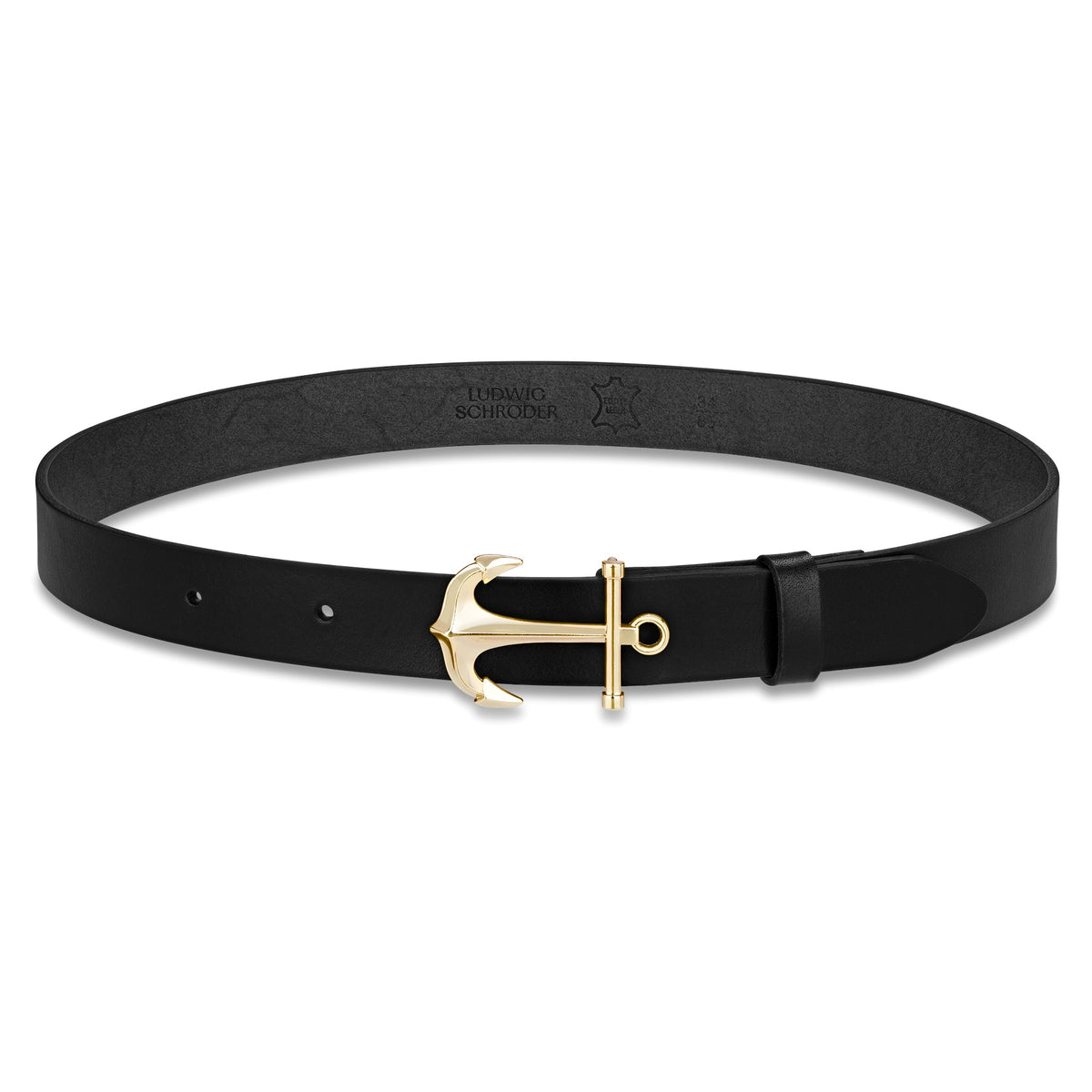 „Coco“ - Schwarzer Damengürtel mit Anker-Schmuckschnalle in Gold, 2,8 cm