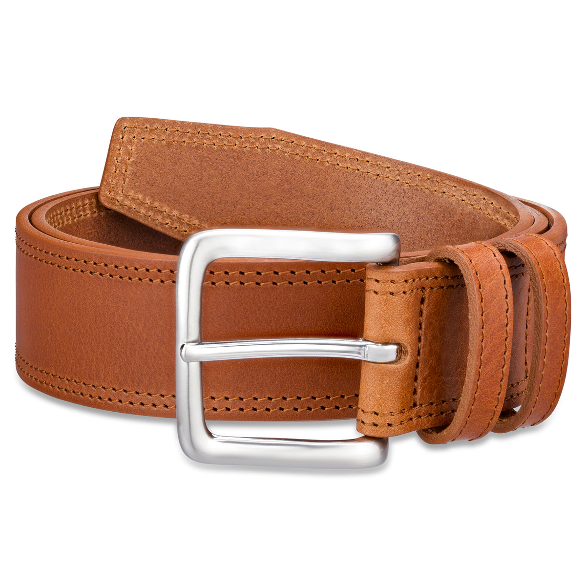 4cm breiter Jeansgürtel für Herren in Cognac mit doppelter Ziernaht. Das schöne Rindleder ist einlagig. Die Gürtelschnalle ist silbersatiniert. Der Gürtel hat zwei Schlaufen. Die Spitze ist trapezförmig.