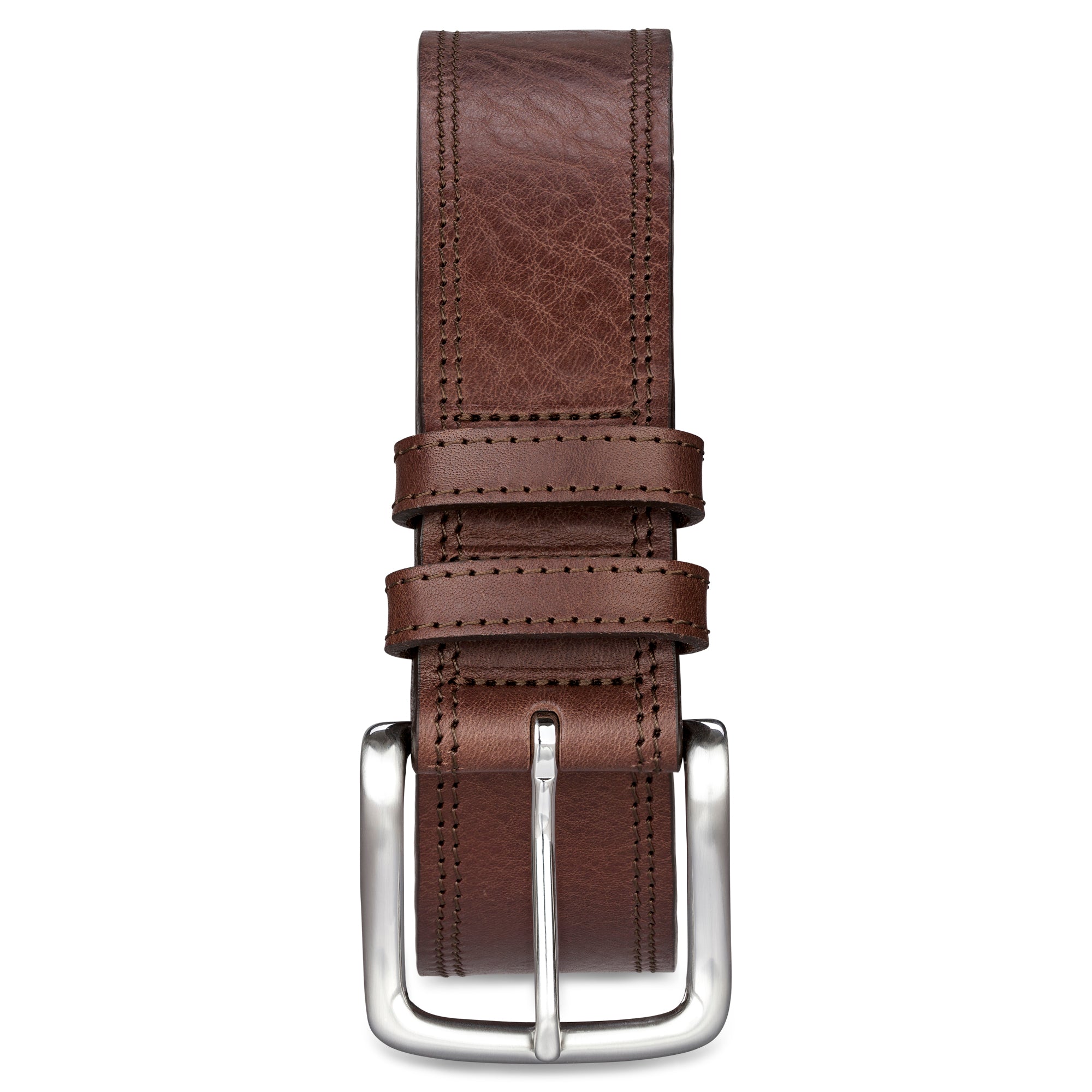 4cm breiter Jeansgürtel für Herren in Braun mit doppelter Ziernaht. Das schöne Rindleder ist einlagig. Die Gürtelschnalle ist silbersatiniert. Der Gürtel hat zwei Schlaufen. 