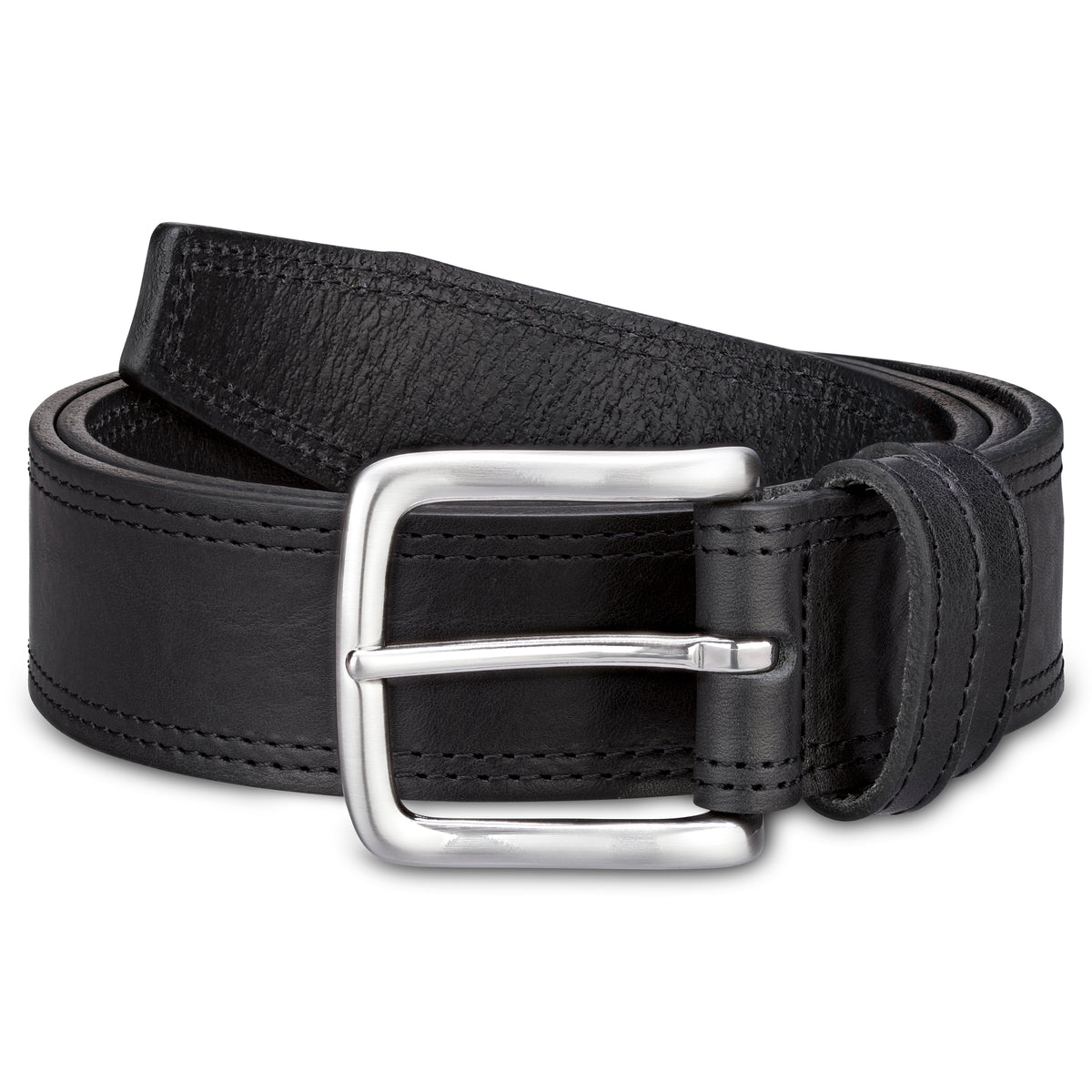 4cm breiter Jeansgürtel für Herren in Schwarz mit doppelter Ziernaht. Das schöne Rindleder ist einlagig. Die Gürtelschnalle ist silbersatiniert. Der Gürtel hat zwei Schlaufen. Die Spitze ist trapezförmig.