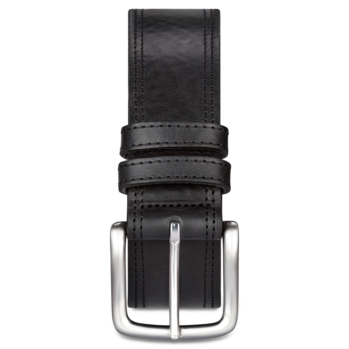 4cm breiter Jeansgürtel für Herren in Schwarz mit doppelter Ziernaht. Das schöne Rindleder ist einlagig. Die Gürtelschnalle ist silbersatiniert. Der Gürtel hat zwei Schlaufen. 