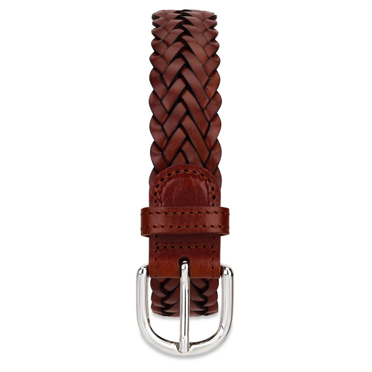 Flechtgürtel Cognac - „Andrea“: 3 cm, handgeflochten, Schnalle in Silber