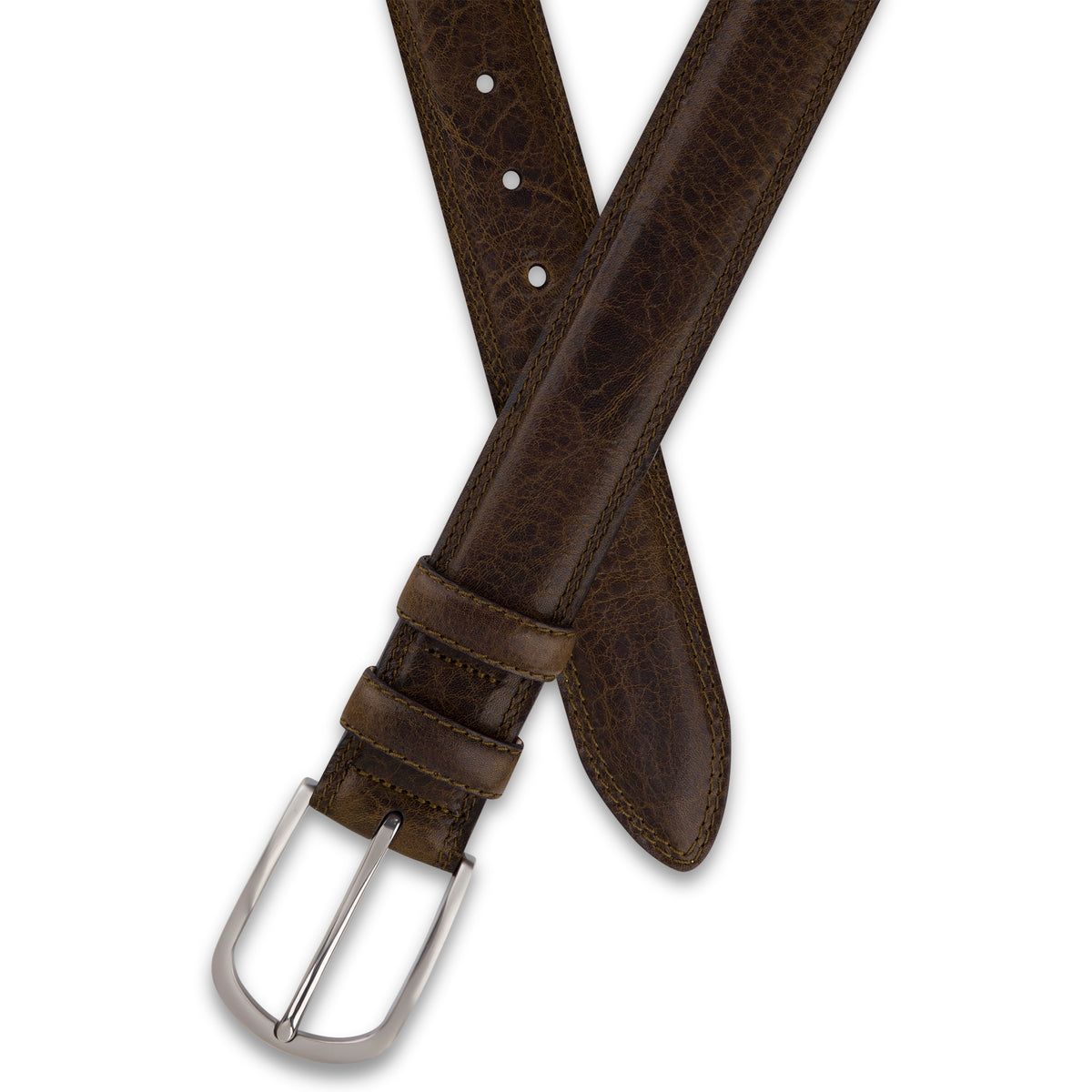 Authentischer Herren Ledergürtel „Gregory“ in Oliv – 4 cm, extra stark bombiert mit Edelstahlschnalle