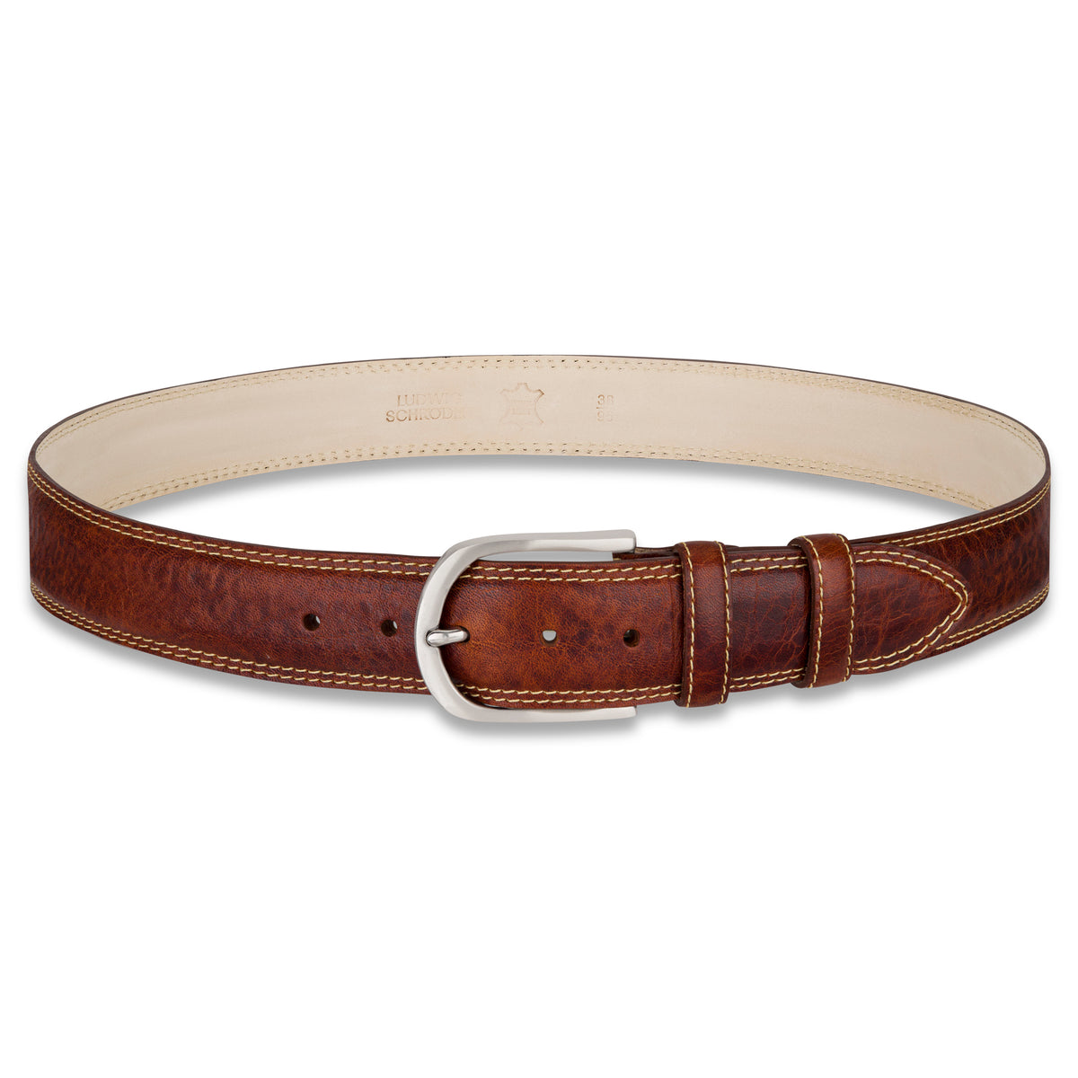 Authentischer Herren Ledergürtel „Gregory“ in Cognac – 4 cm, extra stark bombiert mit Edelstahlschnalle