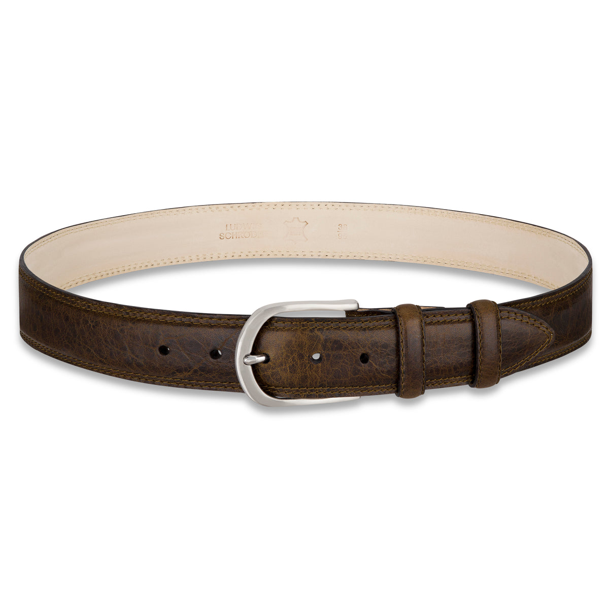 Authentischer Herren Ledergürtel „Gregory“ in Oliv – 4 cm, extra stark bombiert mit Edelstahlschnalle