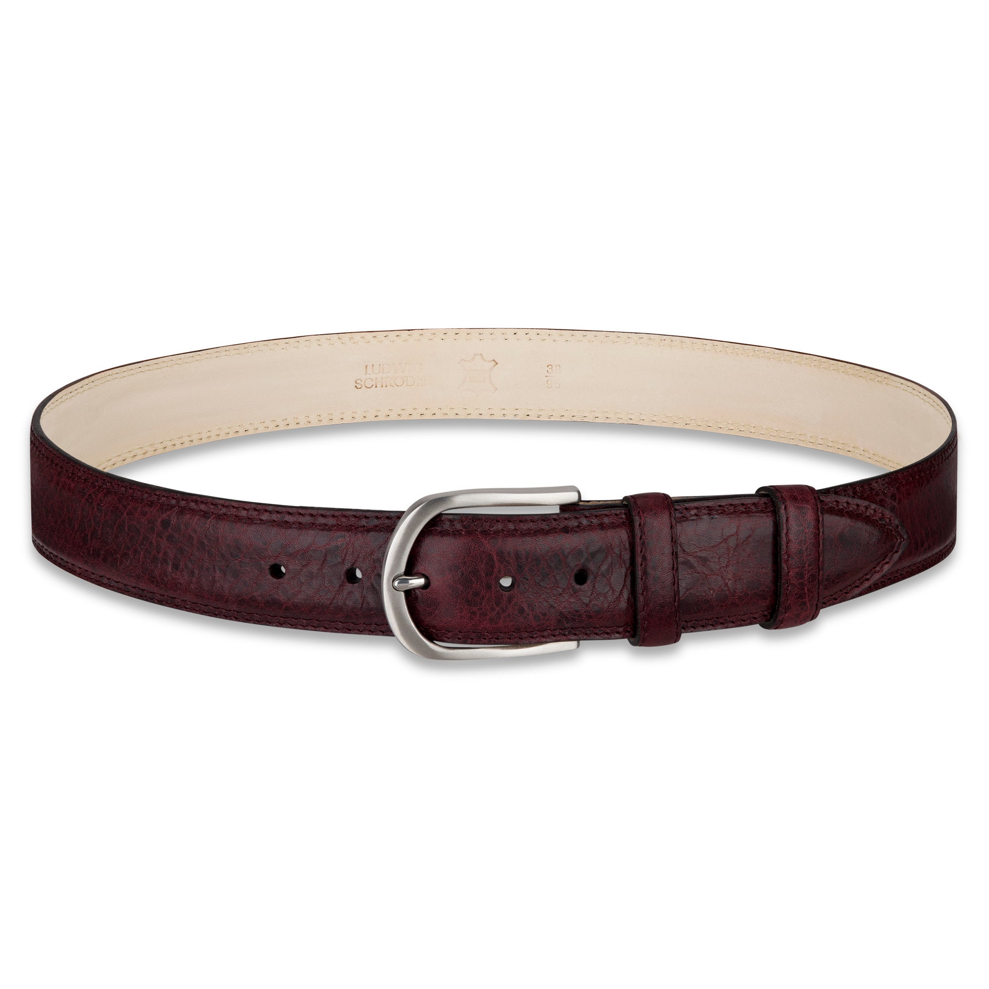 Authentischer Herren Ledergürtel „Gregory“ in Bordeaux – 4 cm, extra stark bombiert mit Edelstahlschnalle