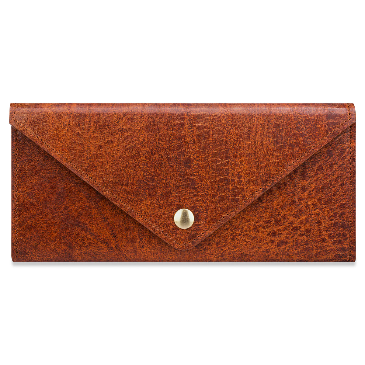 hellbraune Damen Geldbörse aus pflanzlich gegerbtem Leder im Vintage Look. Längliches Format mit spitz zulaufender Klappe. Hochwertiger Messing Druckknopf