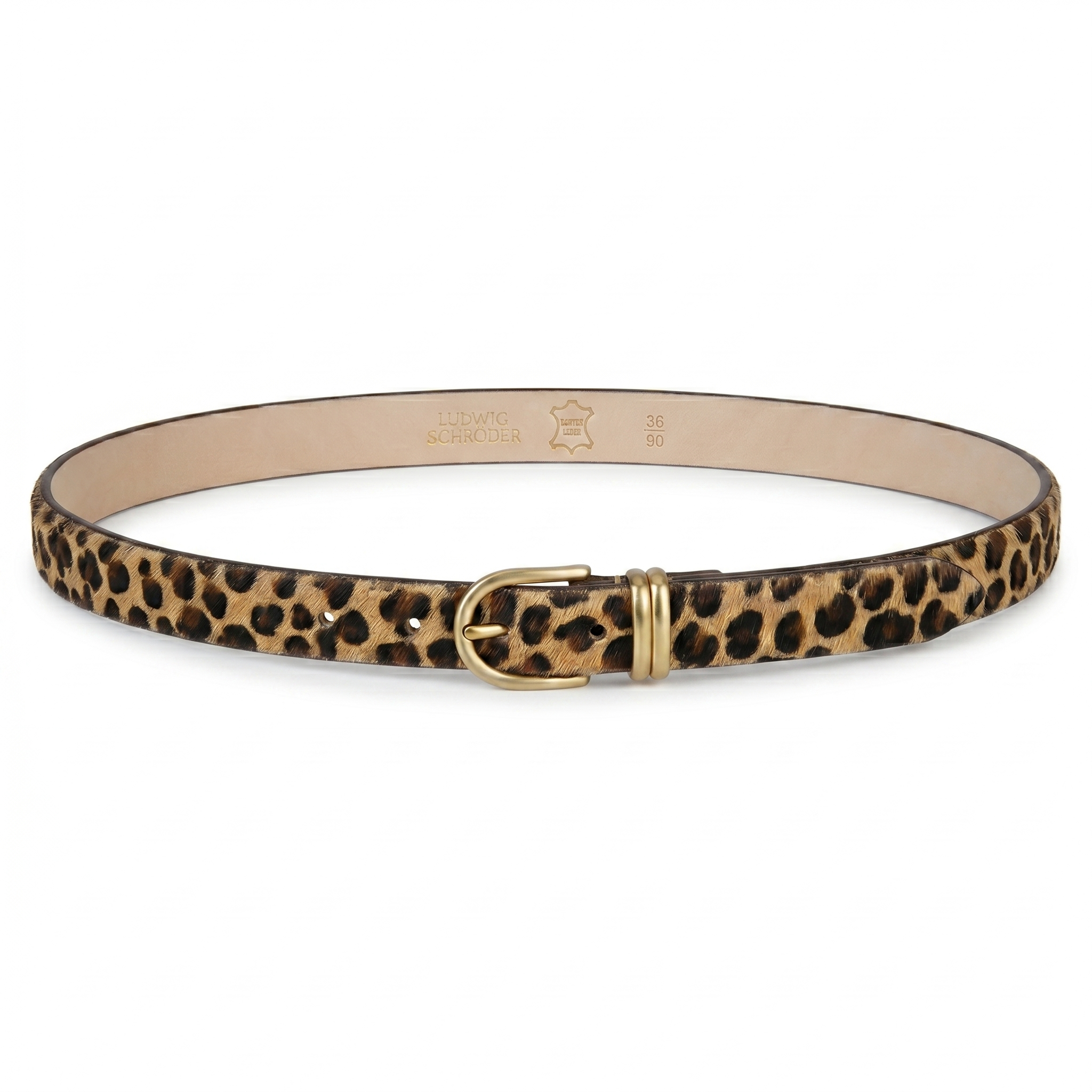 Damen Fellgürtel „Emi“ Leopard – 2,5 cm, echt Kuhfell & goldene Schnalle