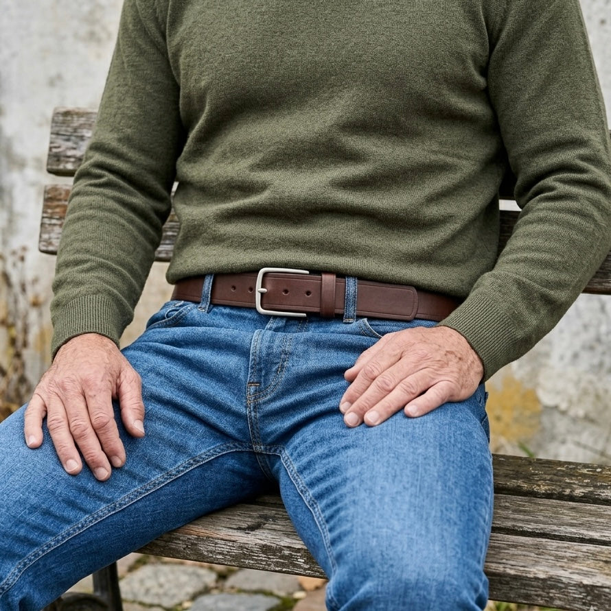 Treuer Begleiter: Herren Jeansgürtel „Jakob“ in Braun – 4 cm, starkes, geschmeidiges Bullenleder, Edelstahlschnalle