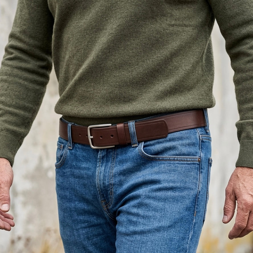 Treuer Begleiter: Herren Jeansgürtel „Jakob“ in Braun – 4 cm, starkes, geschmeidiges Bullenleder, Edelstahlschnalle