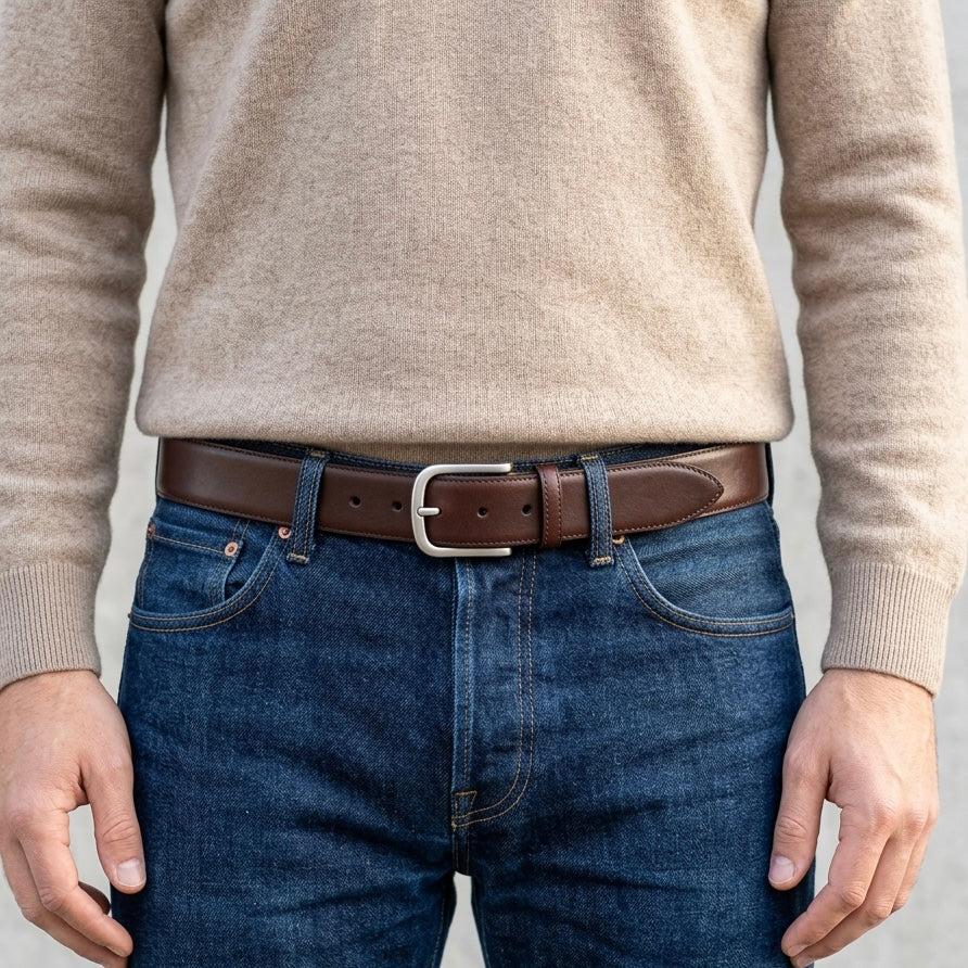 Lebenslang-Gürtel „Hannes“ in Braun – 4 cm, bombierter Herren Jeansgürtel mit massiver Edelstahlschnalle