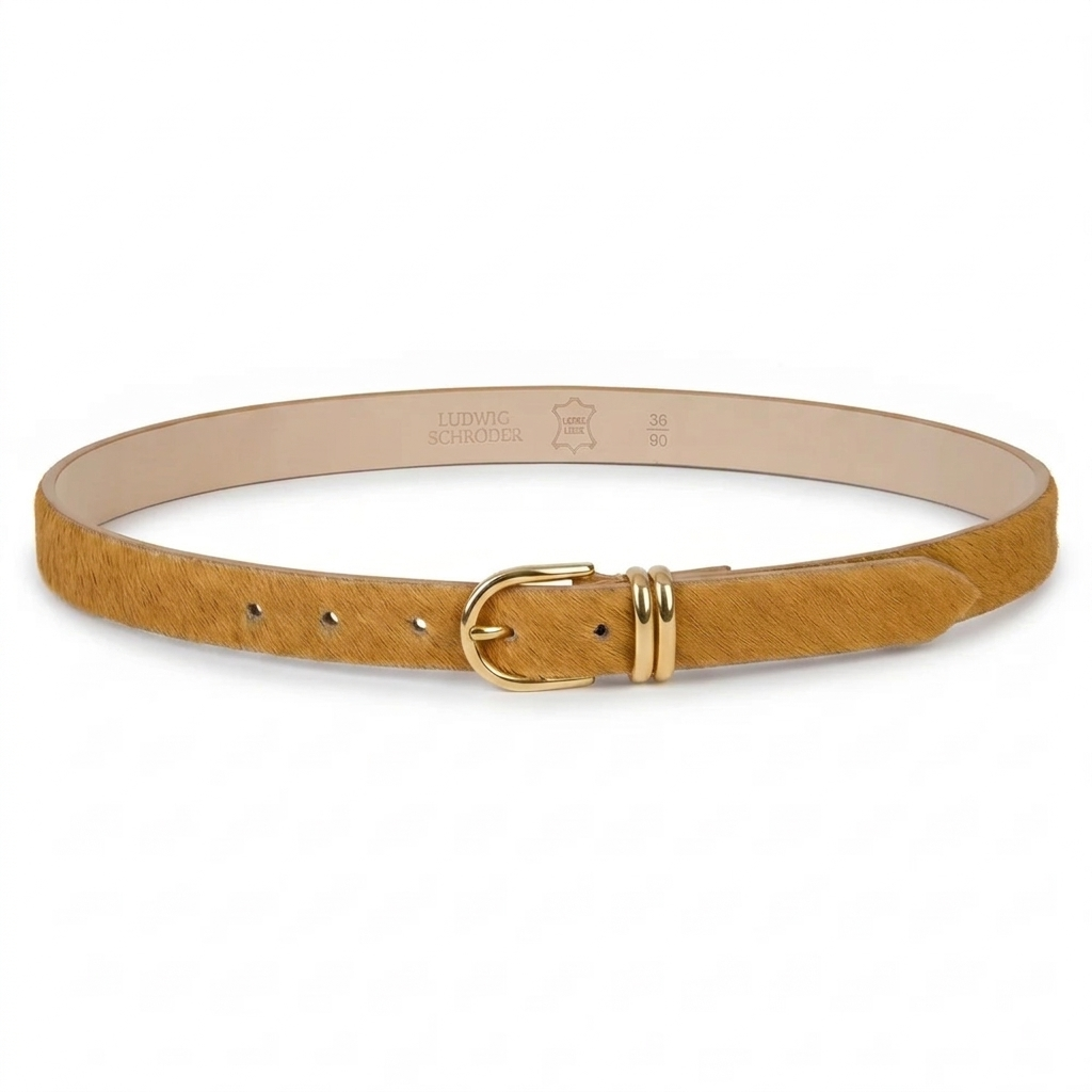 Damen Fellgürtel „Emi“ in Camel – 2,5 cm, echt Kuhfell & goldene Schnalle