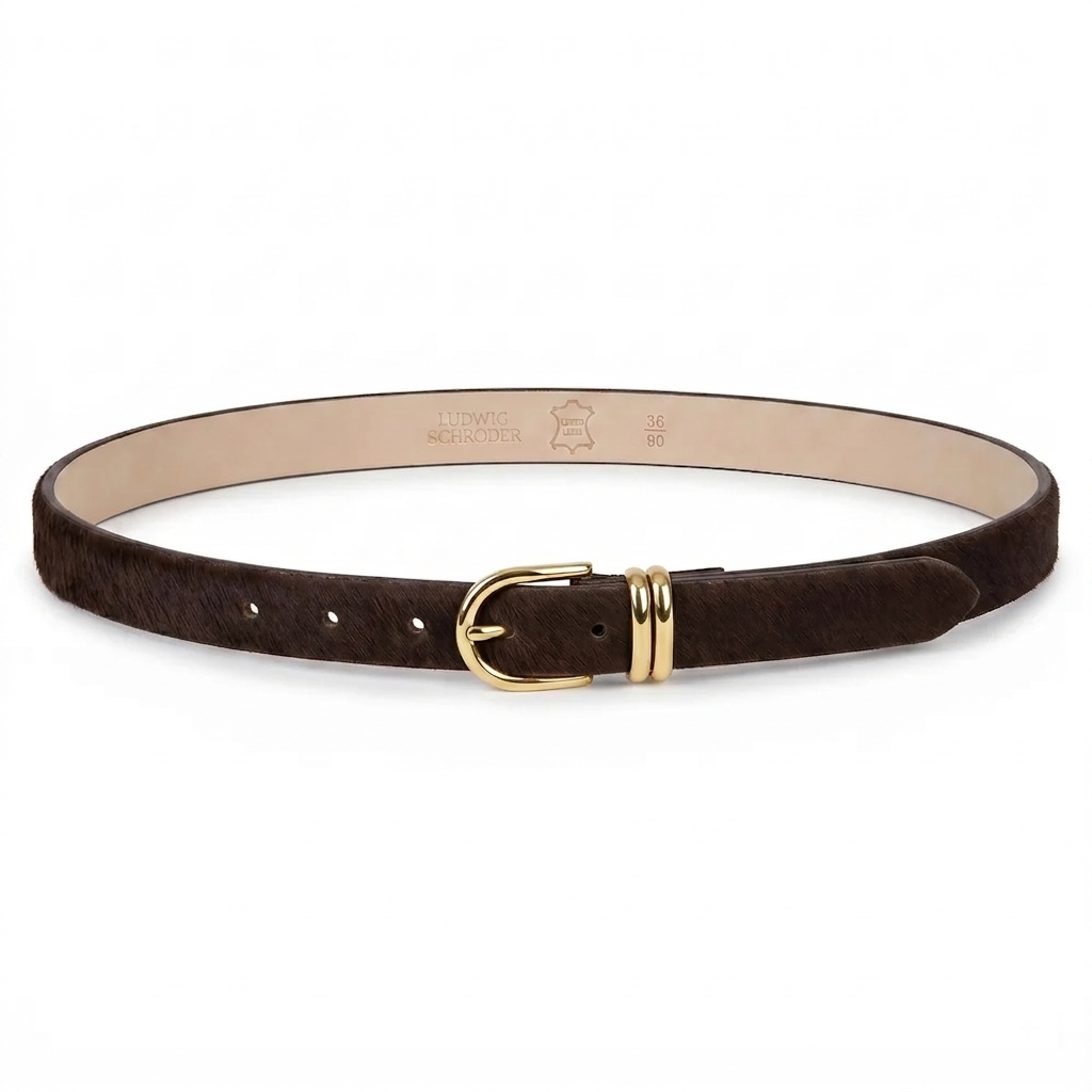 Damen Fellgürtel „Emi“ in Dunkelbraun – 2,5 cm, echt Kuhfell & goldene Schnalle