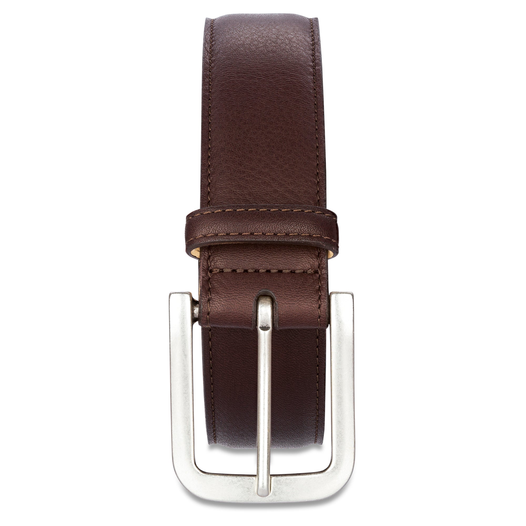4cm zweilagiger Herren Ledergürtel in braun aus weichem Kobel Sattelsitz Leder mit natürlichem Futterleder, bombiert und genäht. Die Kanten sind sauber gefärbt. Schnalle in altsilber.
