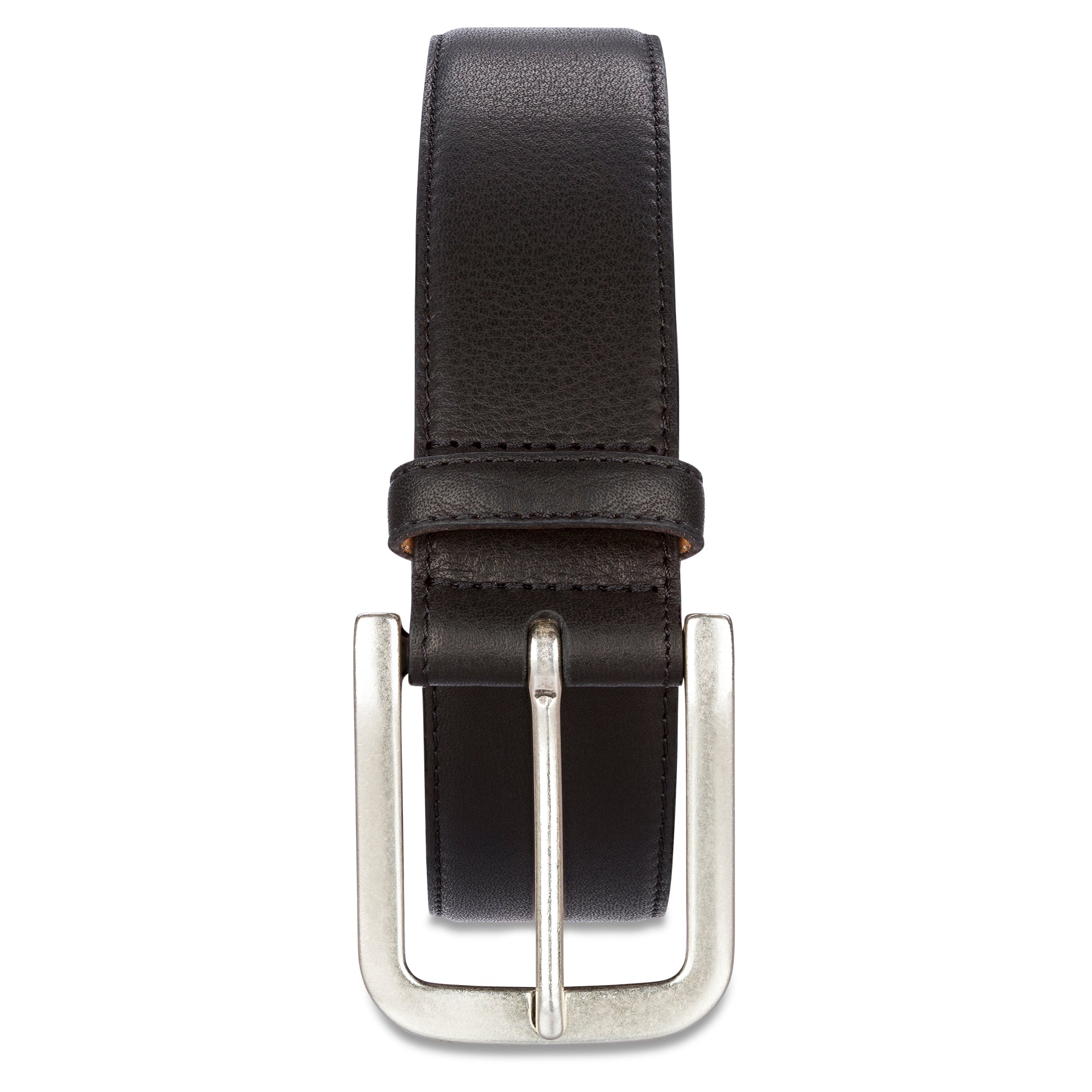 4cm zweilagiger Herren Ledergürtel in schwarz aus weichem Kobel Sattelsitz Leder mit natürlichem Futterleder, bombiert und genäht. Die Kanten sind sauber gefärbt. Schnalle in altsilber.
