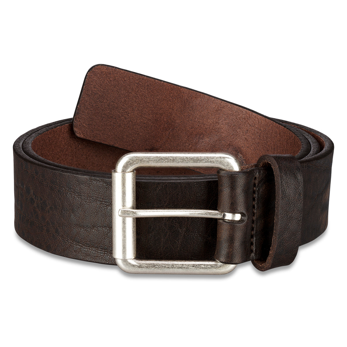 4cm Brauner Ledergürtel für Männer mit silberner Rollschnalle im Used Look aus dickem, pflanzlich gegerbtem Leder