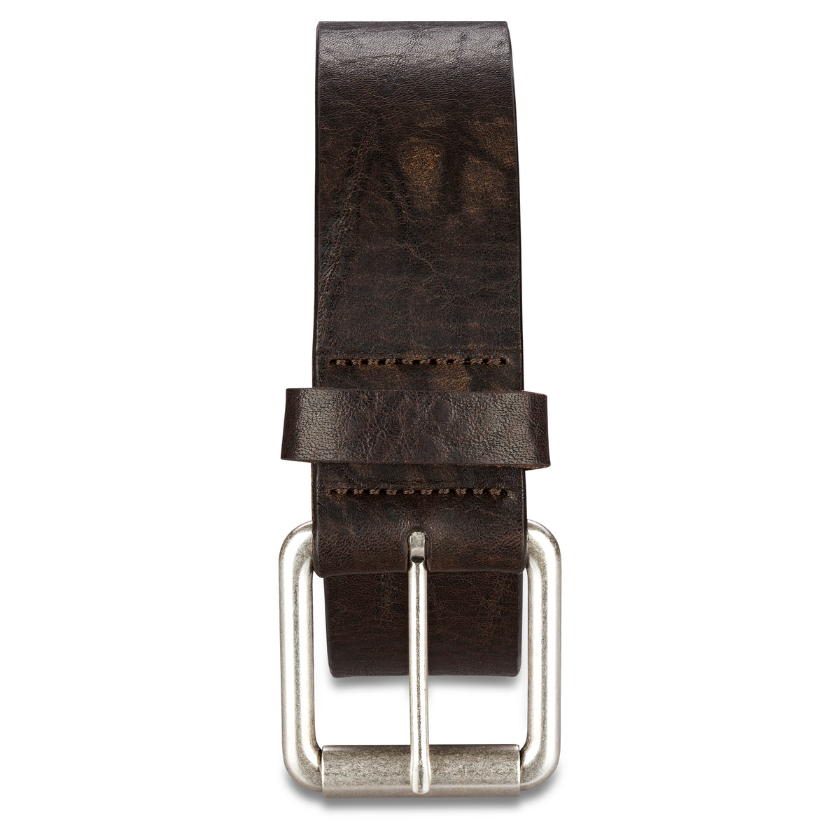 4cm Brauner Ledergürtel für Männer mit silberner Rollschnalle  im Used Look aus dickem, pflanzlich gegerbtem Leder