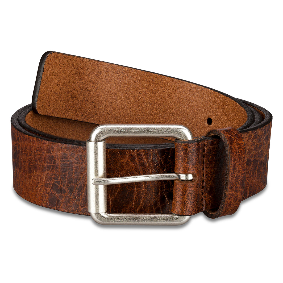 4cm Ledergürtel in Cognac mit silberner Rollschnalle im Used Look aus dickem, pflanzlich gegerbtem Leder