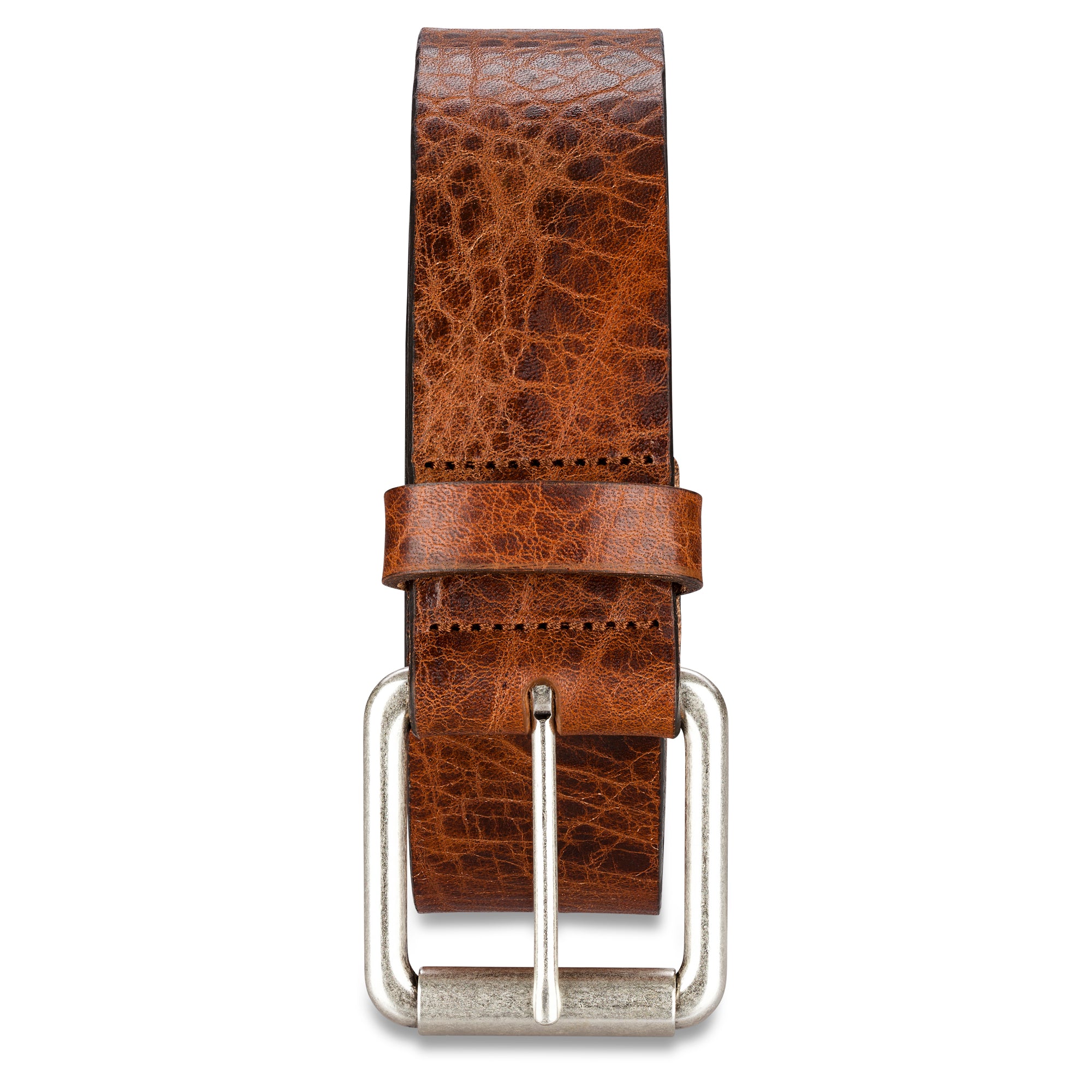 4cm Ledergürtel in Cognac mit silberner Rollschnalle im Used Look aus dickem, pflanzlich gegerbtem Leder