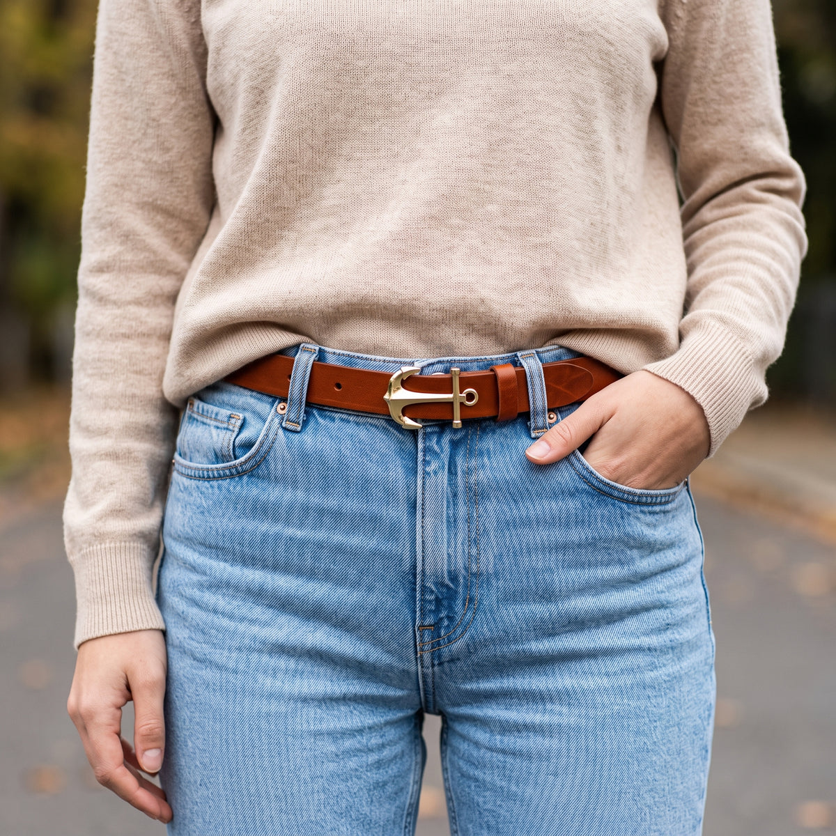 „Coco“ - Damengürtel in Cognac mit Anker-Schmuckschnalle in Gold, 2,8 cm