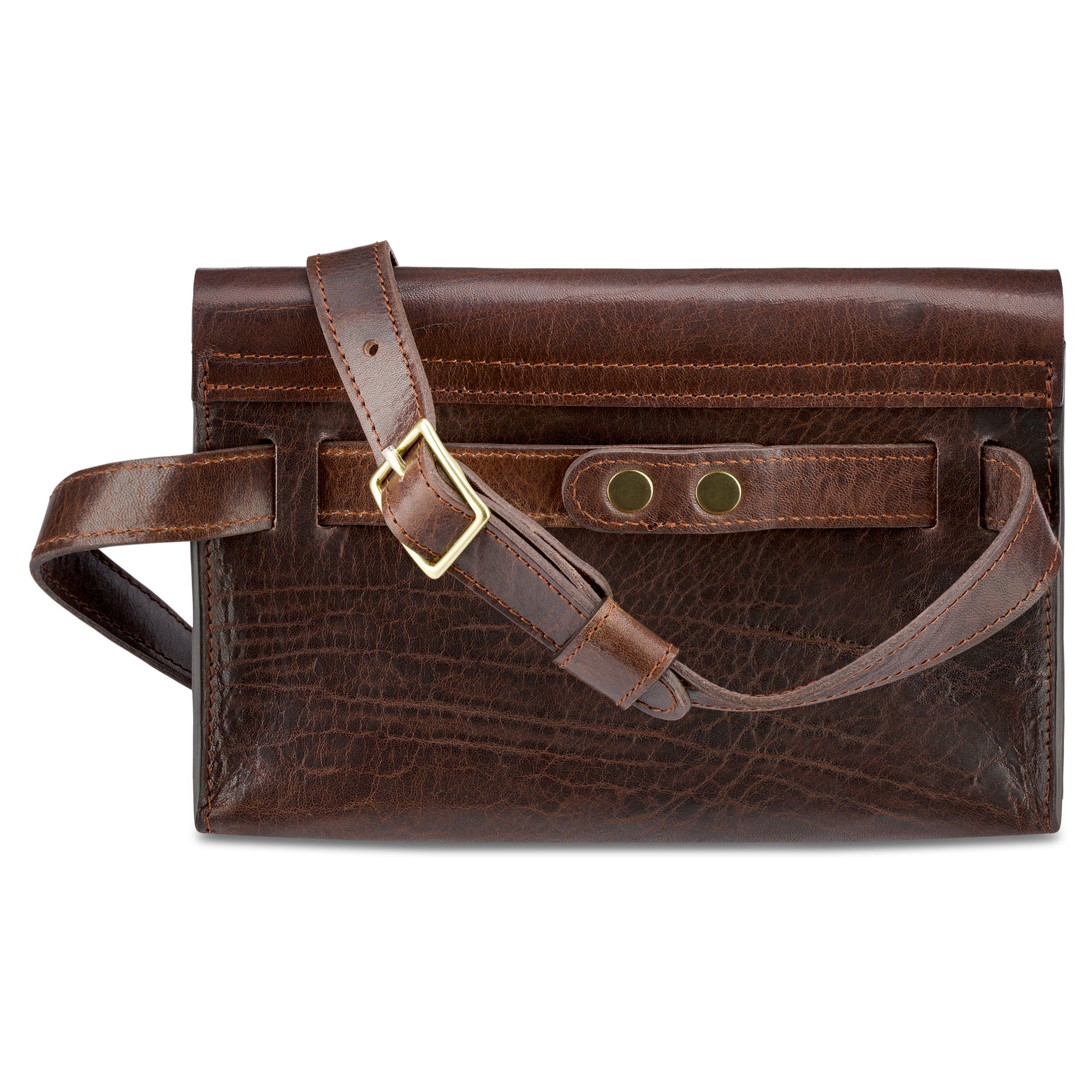 Crossbody Damen Lederhandtasche in Braun von hinten - langer Schultergurt verstellbar mit hochwertiger Messingschnalle