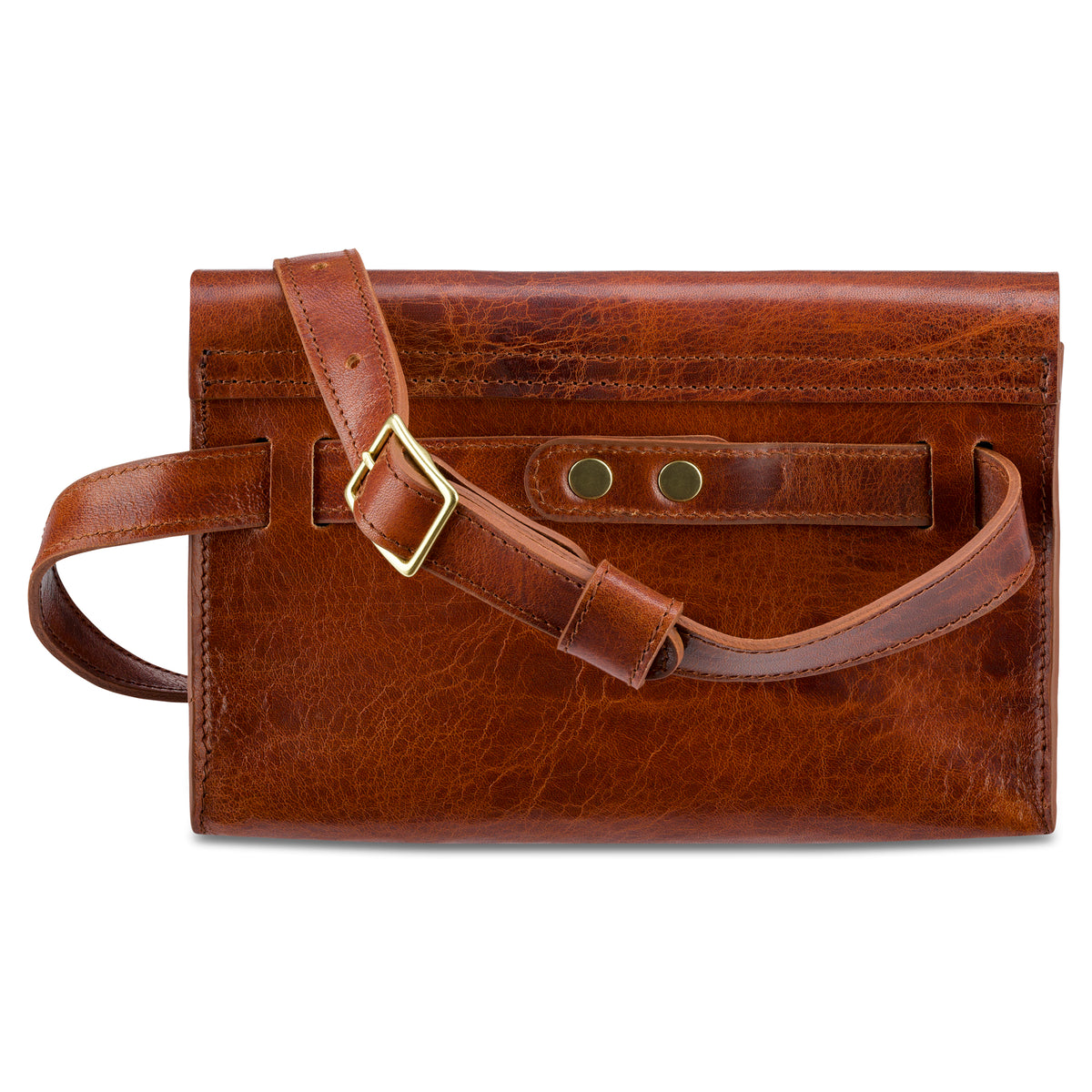 Crossbody Damen Lederhandtasche in Cognac von hinten - langer Schultergurt verstellbar mit hochwertiger Messingschnalle