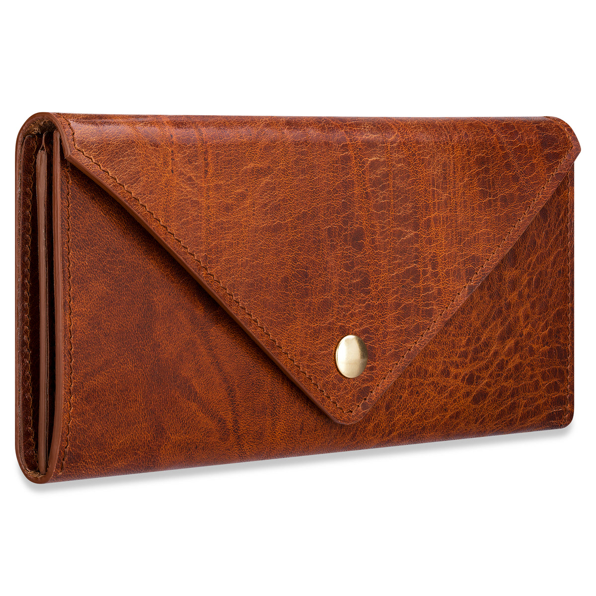 hellbraune Damen Geldbörse aus pflanzlich gegerbtem Leder im Vintage Look. Längliches Format mit spitz zulaufender Klappe. Hochwertiger Messing Druckknopf