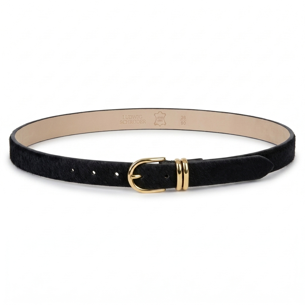 Damen Fellgürtel „Emi“ in Schwarz – 2,5 cm, echt Kuhfell & goldene Schnalle