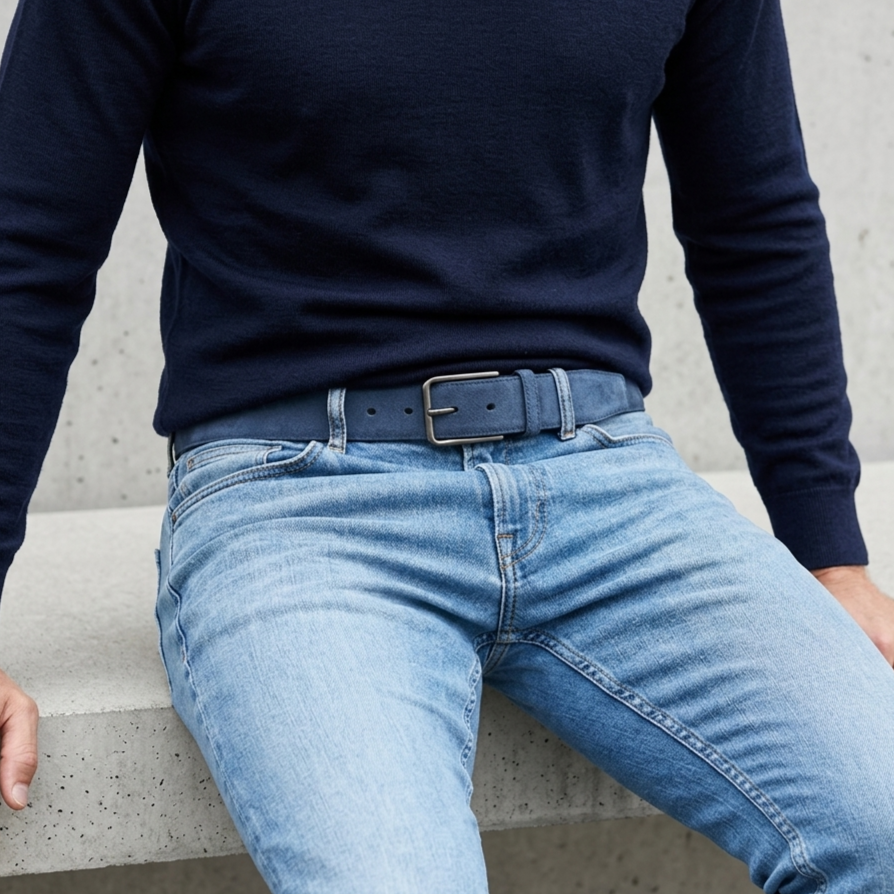 Herren Wildledergürtel „Giovanni“ in Jeansblau – 3,5 cm, hochwertiges Veloursleder