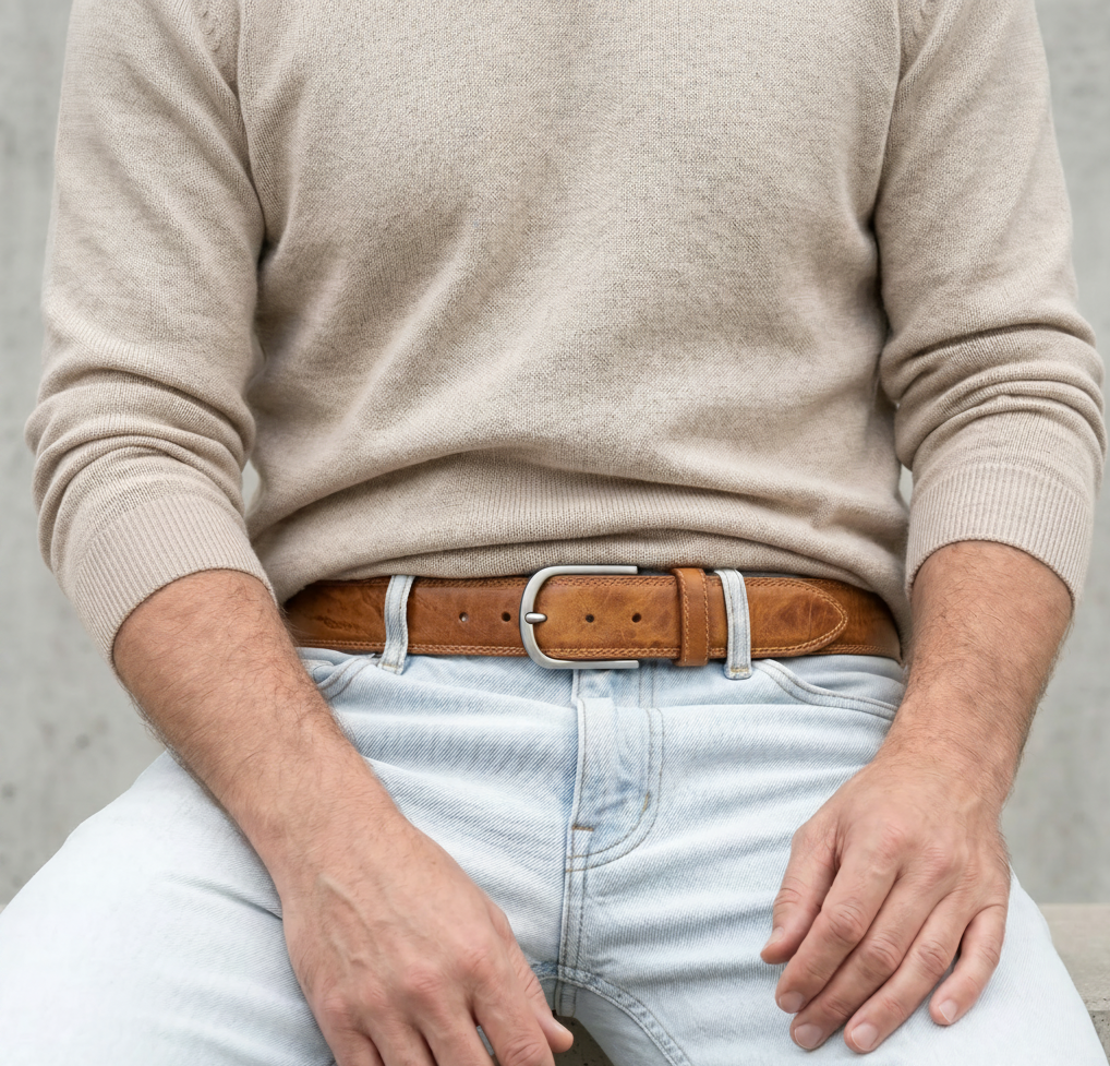 Authentischer Herren Ledergürtel „Gregory“ in Naturell – 4 cm, extra stark bombiert mit Edelstahlschnalle