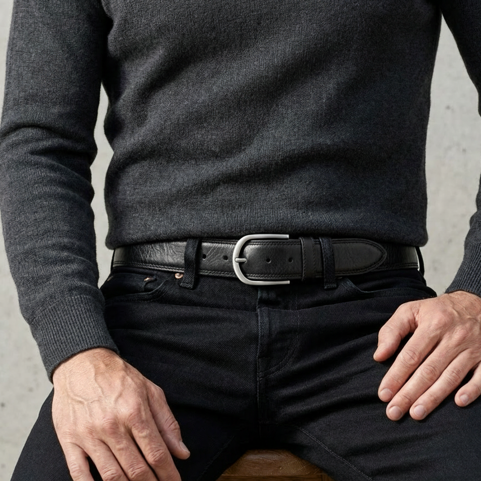 Authentischer Herren Ledergürtel „Gregory“ in Schwarz – 4 cm, extra stark bombiert mit Edelstahlschnalle
