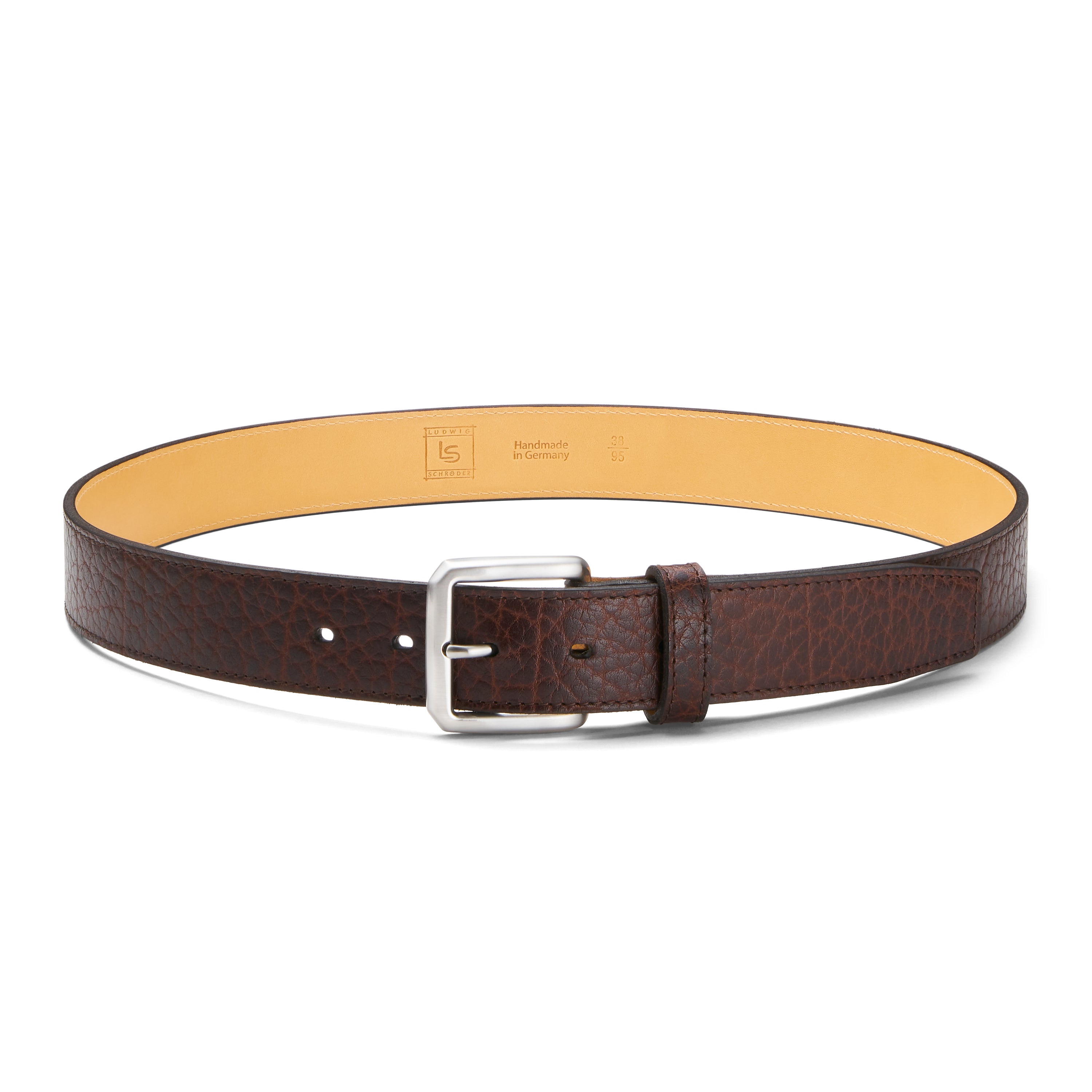 3,5cm eleganter breiter Herren Bisonleder Gürtel in braun mit natureller Rückseite und silberner 