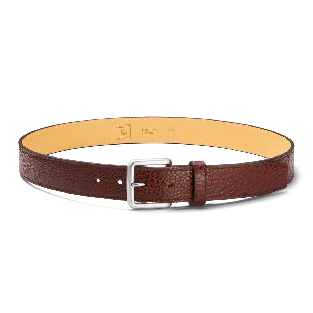3,5cm eleganter breiter Herren Bisonleder Gürtel in cognac mit natureller Rückseite und silberner Schnalle