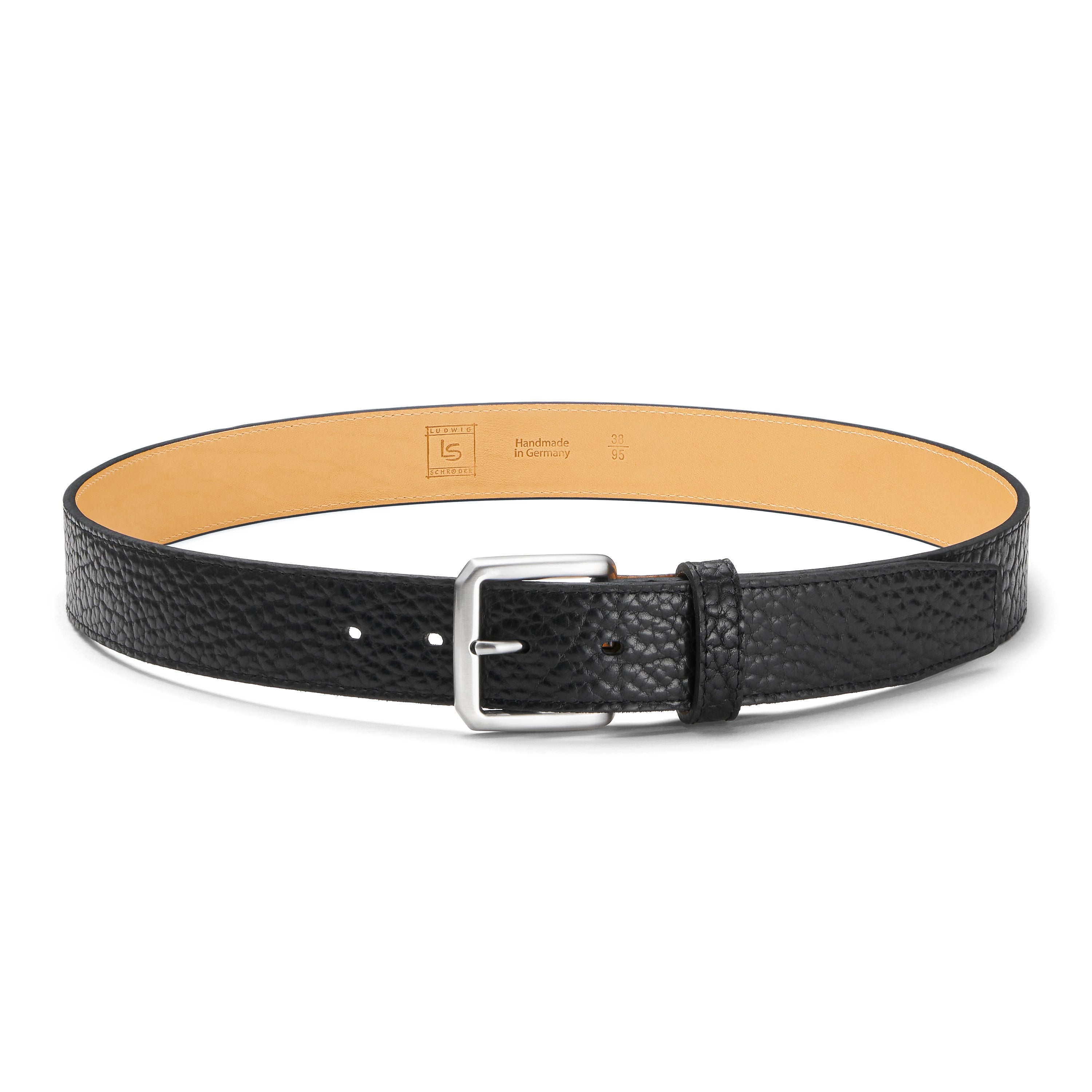 3,5cm eleganter breiter Herren Bisonleder Gürtel in schwarz mit natureller Rückseite und silberner 