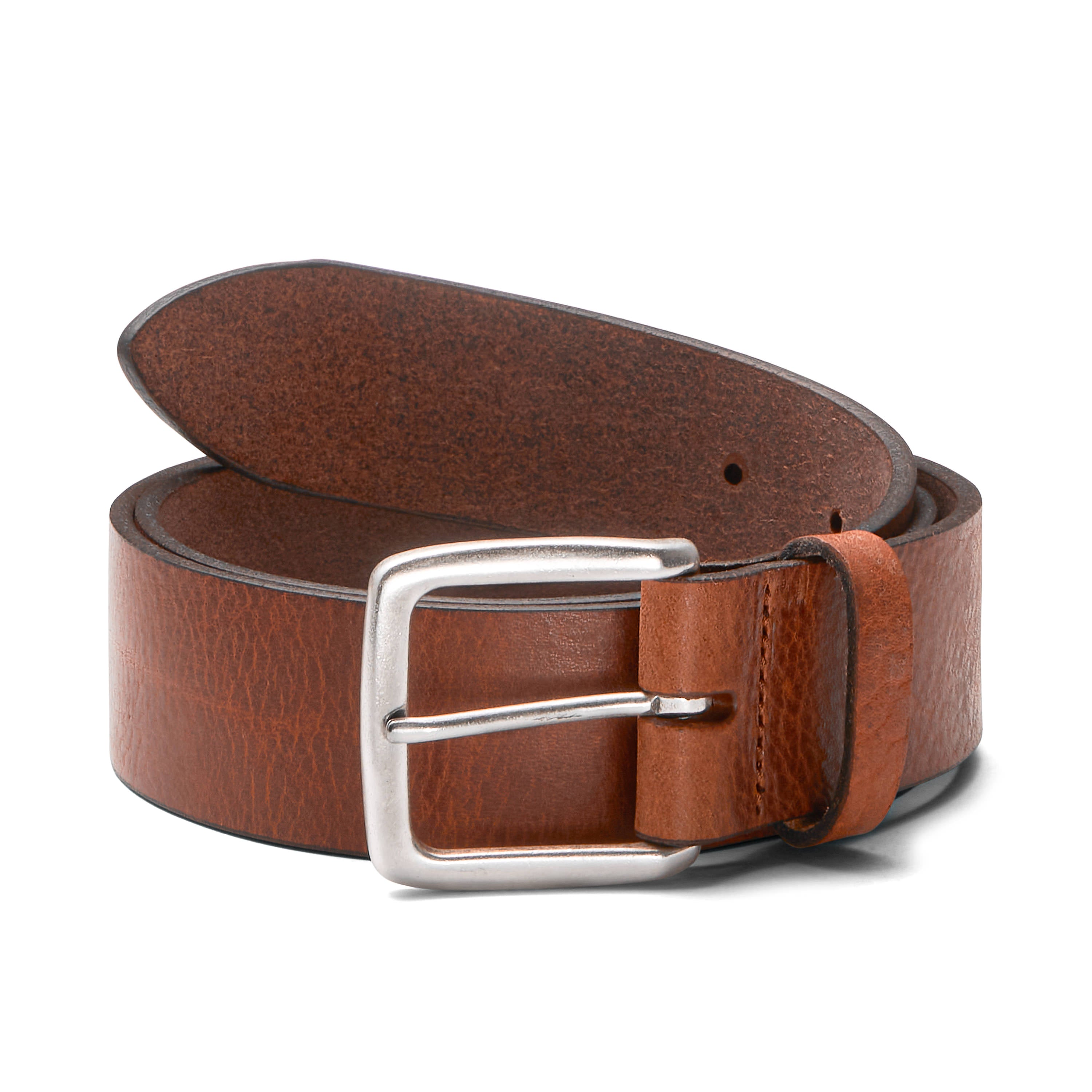 klassischer unisex Jeansgürtel aus cognacfarbenem Rindleder, 4cm breit, weich, mit silberner Schnalle 