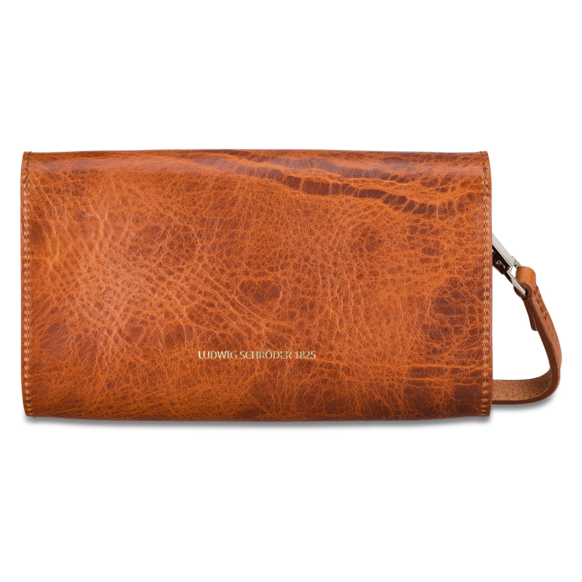 Hochwertige kleine Lederhandtasche aus pflanzlich gegerbtem Leder in Cognac im Vintage Look. Hier die Rückansicht mit Logoprägung. Schmaler Riemen zum Umhängen, befestigt mit kleinen silbernen Karabinern.